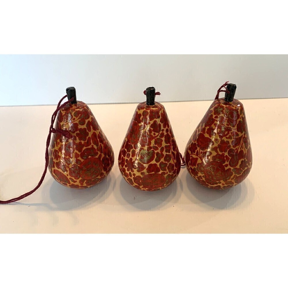 VTG. Christmas Ornament Decoupage Paper Mache 3 Pears Hand Painted & Made 4"